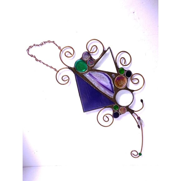 Caruso & Foschi Designs Signed Stained Glass, Natural Stone, Copper Suncatcher - Picture 4 of 16